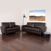 Flash Furniture BT-S8373-SFLS-BRN-GG Milton Park Upholstered Plush Pillow Back Loveseat and Sofa Set in Brown Leather 